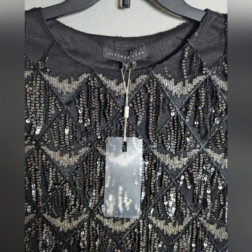 Endless Rose Black & Silver Sequin Fringe Ultra Mini Party Dress Womens S - Picture 6 of 7